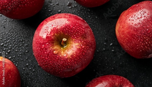 fresh red apples with water drops on dark background top view