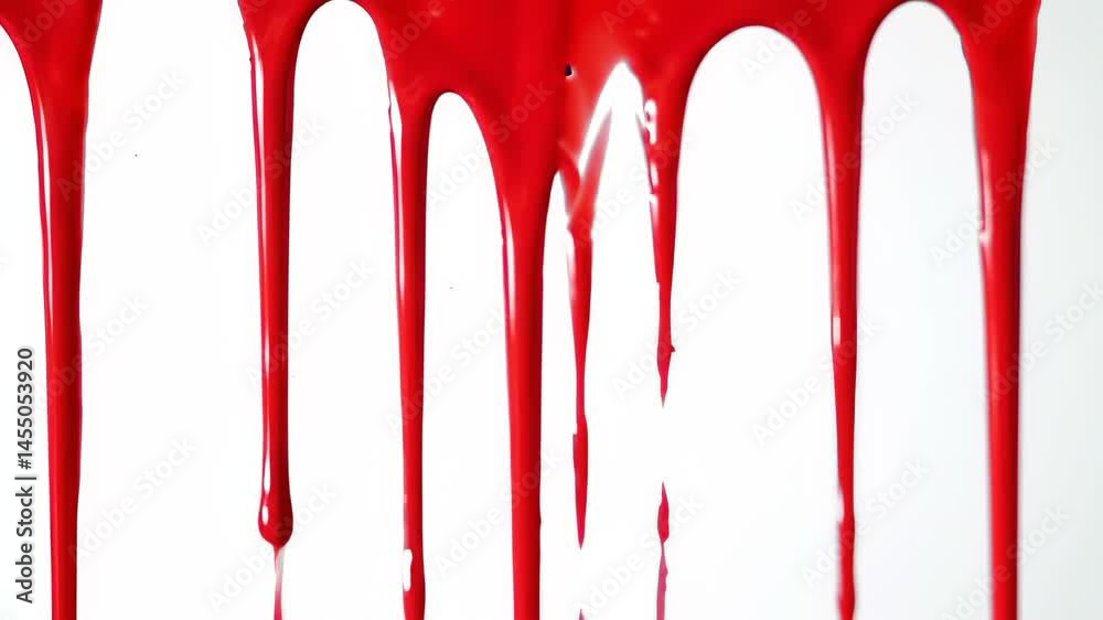 Red blood or paint dripping down clean white background. Concept of horror abstract texture, Halloween spooky liquid flow, dramatic suspense effect