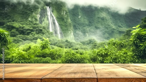 Empty wooden table mockup 4K video footage: stunning nature landscape background with green jungle mountain waterfall & mist. Perfect for product display or travel themes.