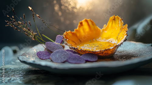 Avant garde poached lobster tail dish with artistic presentation for gourmet cuisine inspiration
