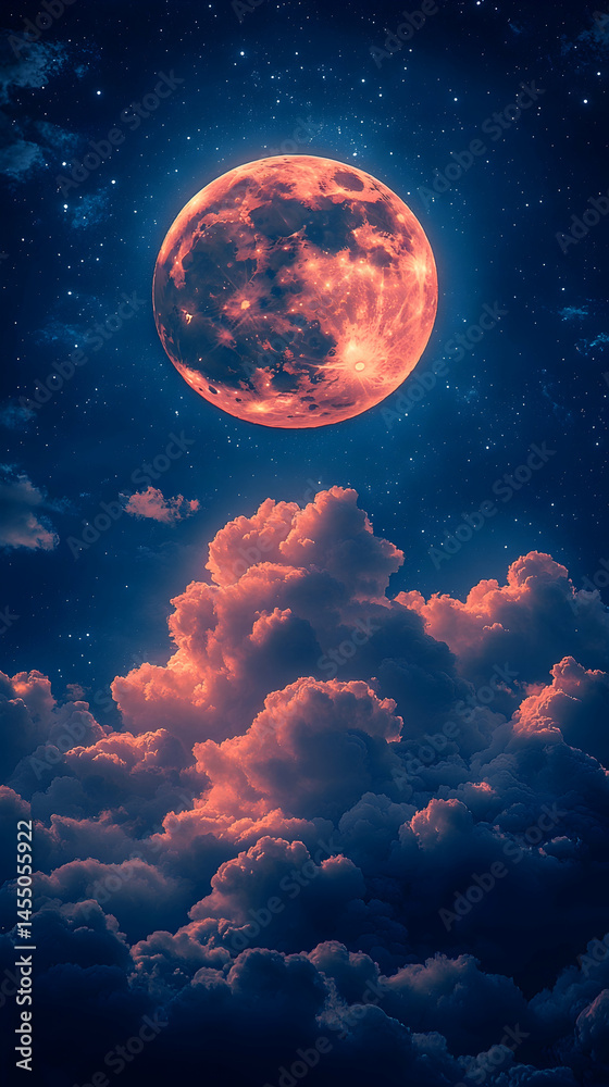 Fototapeta premium A large, reddish moon hangs low in a night sky filled with dark clouds illuminated by its glow, creating a dramatic, celestial scene