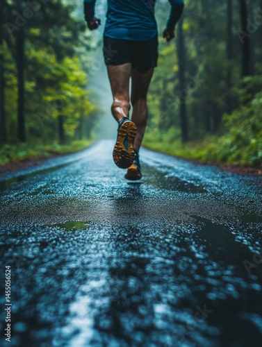 Man running in rain on forest road at dawn or dusk.