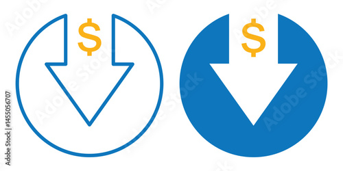 Money arrow down icon set. Price change symbol. Increase and decrease arrow with dollar sign. Cash currency rate. Stock graph. Income and loss vector illustration. financial decrease Money arrow set. 