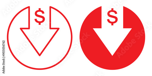 Money arrow down icon set. Price change symbol. Increase and decrease arrow with dollar sign. Cash currency rate. Stock graph. Income and loss vector illustration. financial decrease Money arrow set. 