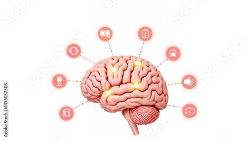 human brain with glowing neural zones and sleep-related icons, concept of healthy sleep, mental activity, rest, memory and emotional balance