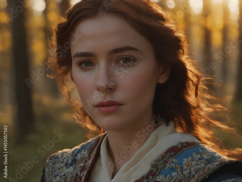 Portrait of a Medieval Woman in Forest at Sunset