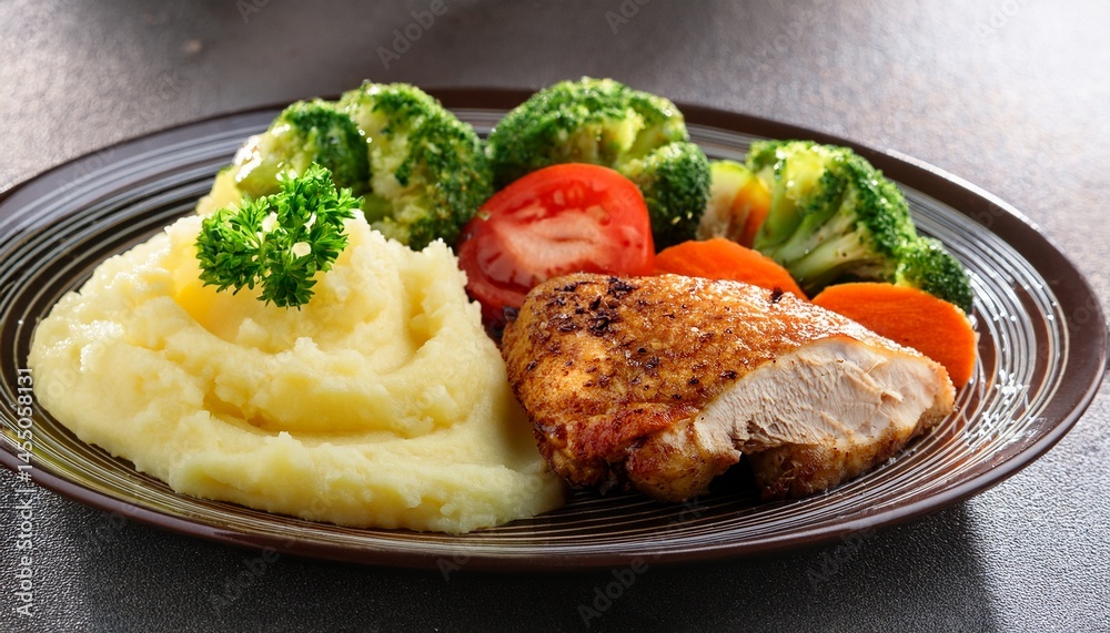 delicious plate of chicken mashed potatoes and healthy vegetables delicious plate of chicken mashed potatoes and healthy vegetables