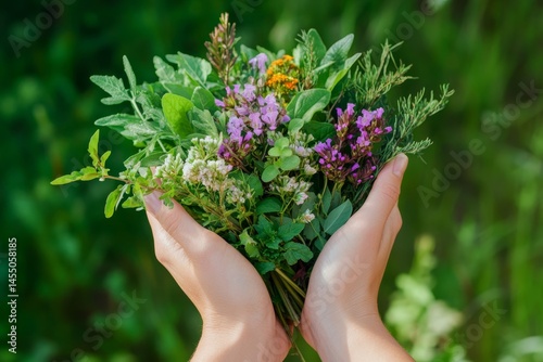 Close up hands cradling assorted medicinal plants