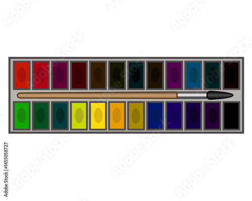Watercolor paint box with brush - vector full color picture. Art supplies - watercolor in cuvettes and a brush	