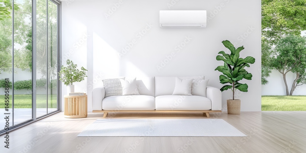 Fototapeta premium Air Conditioning Unit in Living Room with Greenery and Sunlight