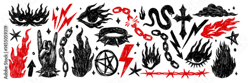 Alternative style doodles with gothic and occult themes — eyes, flames, chains, pentagrams and lightning in black and red palette.