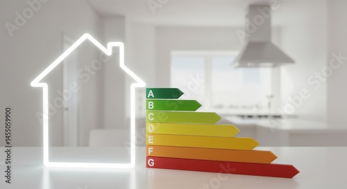 A white outline of a house is on the left, with a colorful energy efficiency rating chart to its right, featuring a gradient from green (A) to red (G), set against a blurred modern kitchen