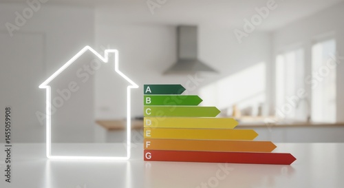 A white, glowing outline of a house is on the left, with a colorful energy efficiency rating chart to its right, featuring a gradient from green (A) to red (G), set against a blurred modern kitchen