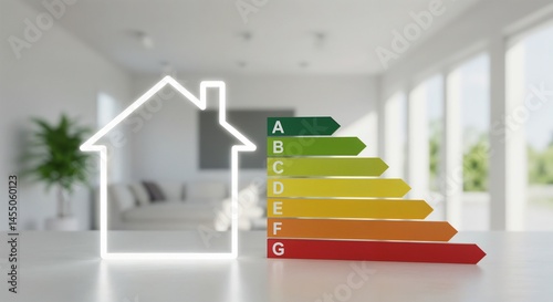 A white outline of a house is on the left, with a colorful energy efficiency rating chart to its right, featuring a gradient from green (A) to red (G), set against a blurred modern living room