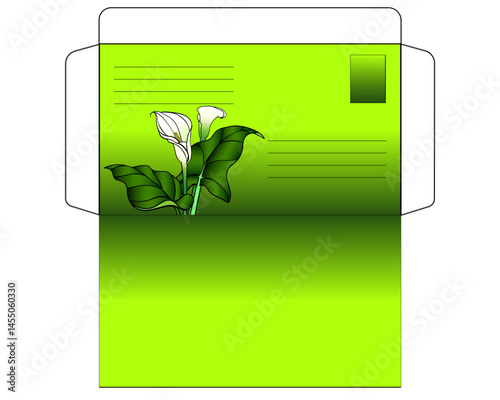 Envelope with Calla lilies, unwrapped - vector full color template for cutting and gluing an envelope decorated with flowers and leaves. Envelope with callas
