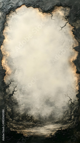 A misty ethereal landscape unfolds within a charred frame hinting at a serene yet mysterious scene  Dark skeletal tr