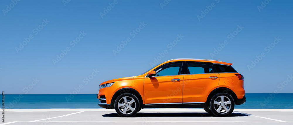 Fototapeta premium Single orange car in a parking lot. Contrast day light, ocean on background. Banner with copy space. Unbranded SUV. 
