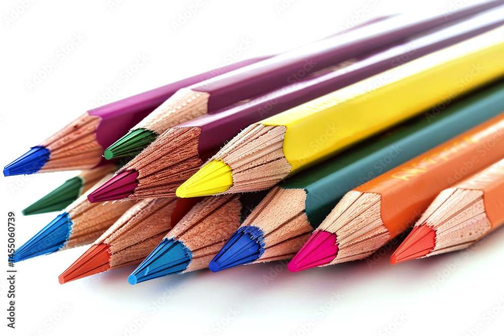 Colored pencils are stacked with visible sharpened tips on a white surface. Concept of creativity and art. For education and artistic use.