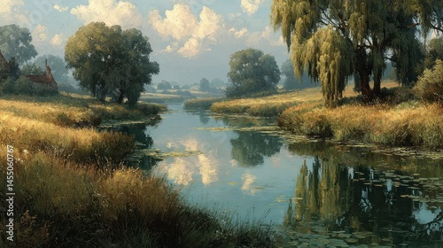 Serene River Landscape with Lush Greenery and Cloudy Sky