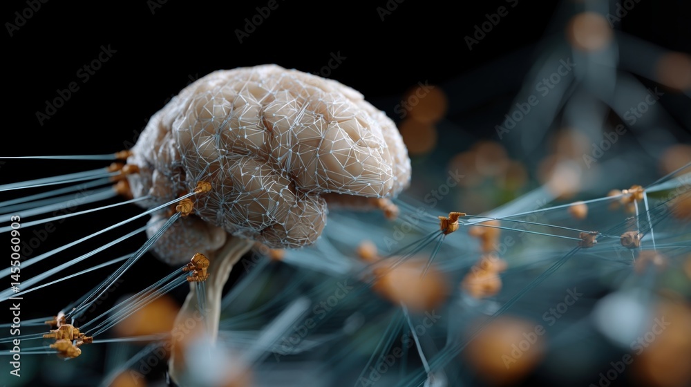Conceptual artwork of a brain connected to a network of data streams and circuits representing advancements in artificial intelligence and neurotechnology.