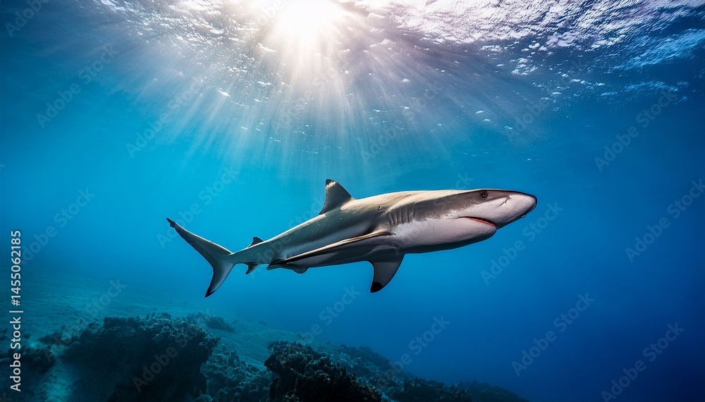 Naklejka premium majestic shark gliding through clear ocean water beneath sunlight