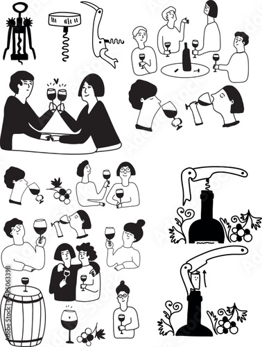 Sommelier ink drawing set. Wine. Line art

