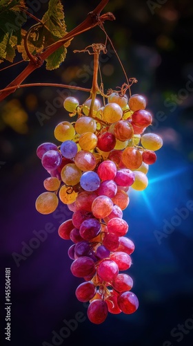 Hanging cluster of ripening grapes with colorful skin variation in a vineyard at dusk