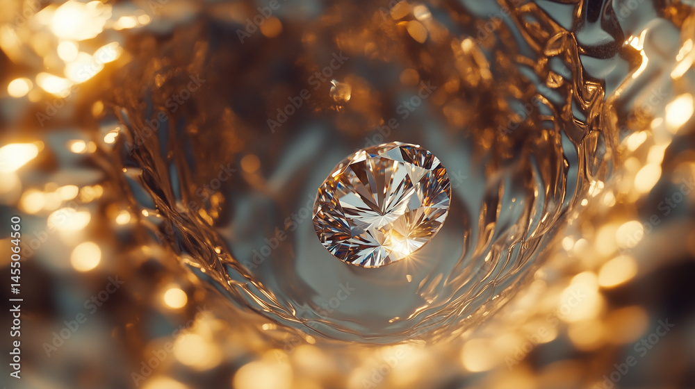 Macro shot of the proposal moment reflected in the ringâs diamond.