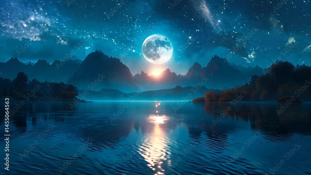 Nighttime landscape with moon reflection over water and distant mountains under starry sky