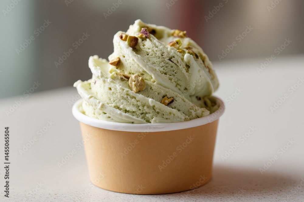 Creamy pistachio ice cream in a paper cup. Creamy pistachio ice cream in a paper cup.