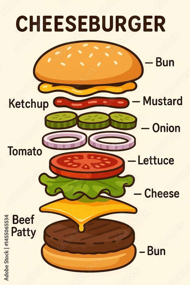 Illustrated diagram of a cheeseburger with ingredients labeled including bun, beef patty, cheese, tomato, lettuce, onion, pickle, ketchup, and mustard