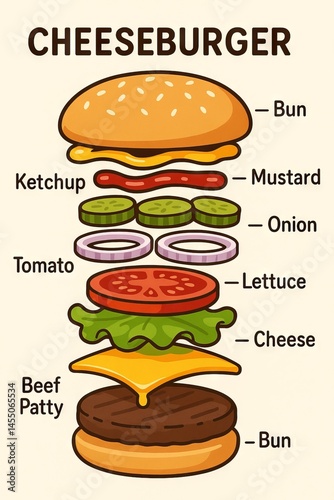 Obraz na płótnie Illustrated diagram of a cheeseburger with ingredients labeled including bun, beef patty, cheese, tomato, lettuce, onion, pickle, ketchup, and mustard w salonie