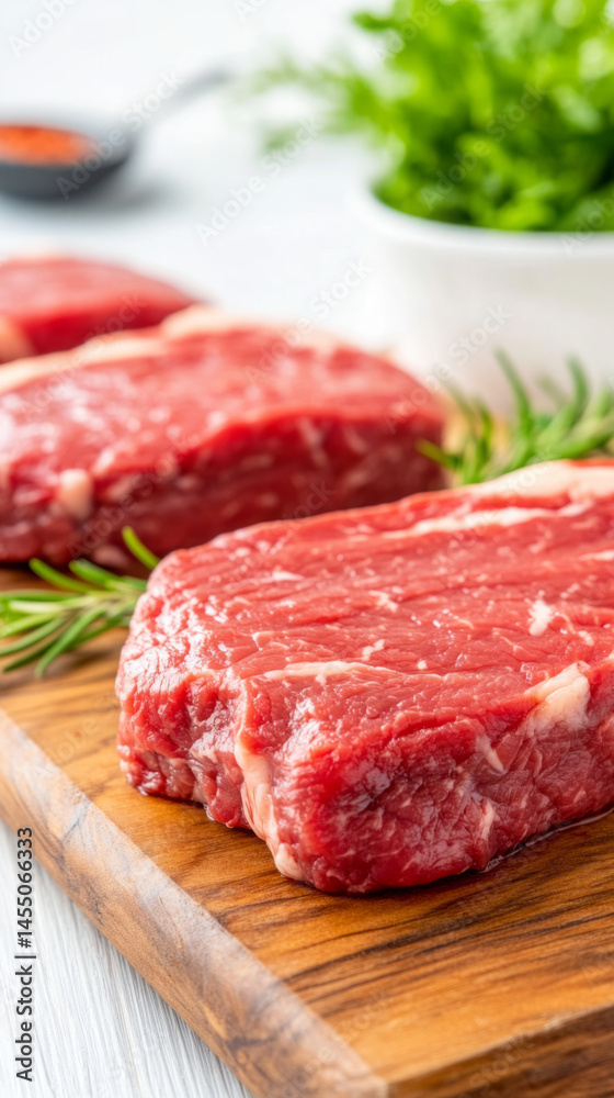Fresh marbled ribeye steaks on rustic wooden table perfect for culinary presentation Fresh marbled ribeye steaks on rustic wooden table perfect for culinary presentation