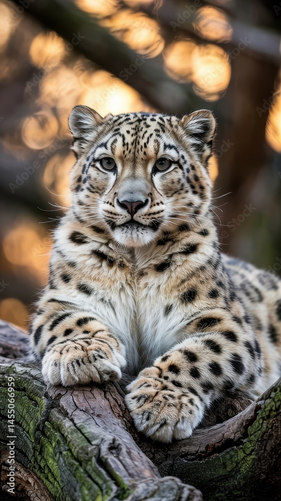 Fototapeta premium Snow leopard resting calmly on tree branch with golden light and soft bokeh