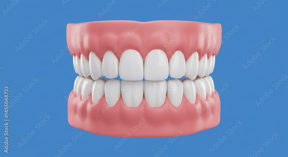 Fototapeta premium A set of dentures with white teeth and pink gums on a blue background in a dental representation