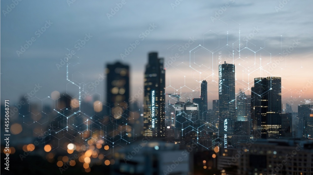 A futuristic city skyline at dusk illuminated by digital billboards showcasing various fintech services with a focus on blockchain technology and cryptocurrency transactions.
