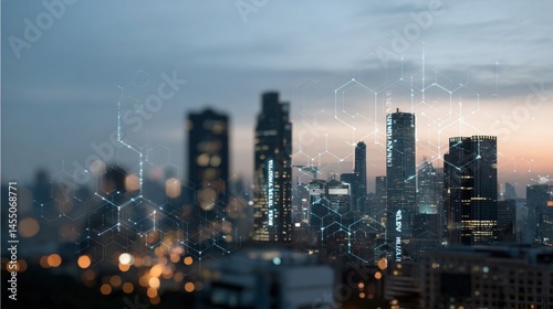 Obraz na płótnie A futuristic city skyline at dusk illuminated by digital billboards showcasing various fintech services with a focus on blockchain technology and cryptocurrency transactions. w salonie