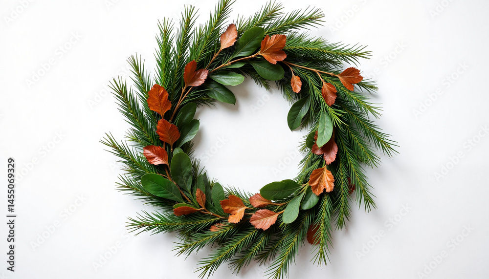 Green wreath with copper leaves on a white background, Autumn Wreath, Thanksgiving