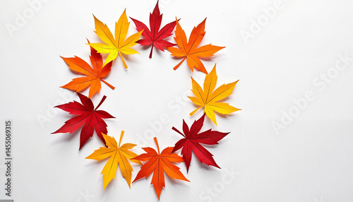 Autumn leaves arranged in a circular pattern on a white background,  Autumn Wreath, Thanksgiving 
