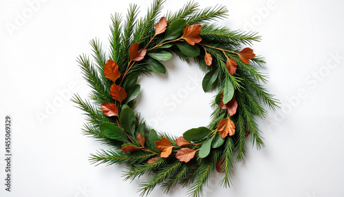Obraz na płótnie Green wreath with copper leaves on a white background, Autumn Wreath, Thanksgiving w salonie