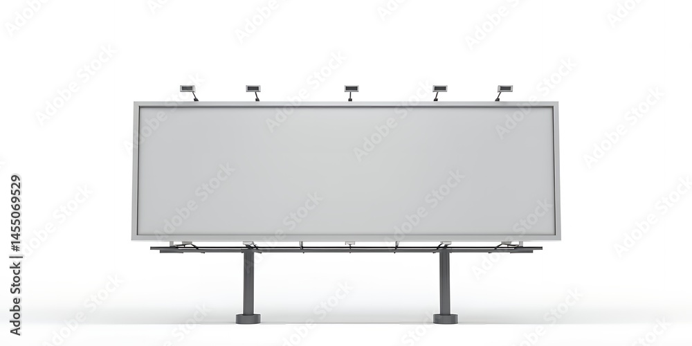 A blank billboard with lights on top standing against a plain white background in studio shot A blank billboard with lights on top standing against a plain white background in studio shot