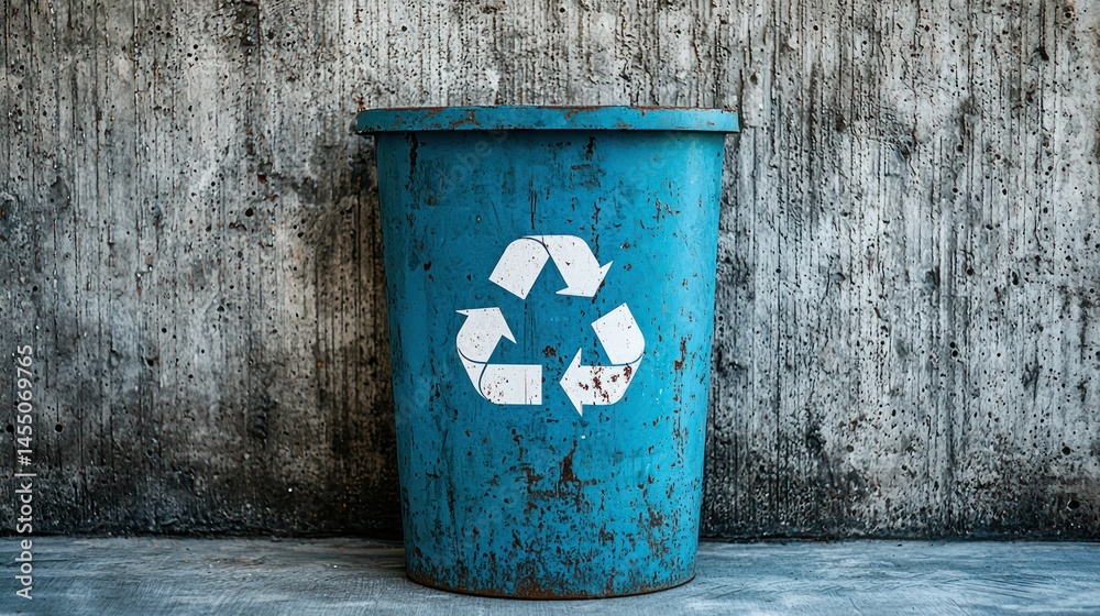 Obraz premium Blue recycle bin against a grey wall