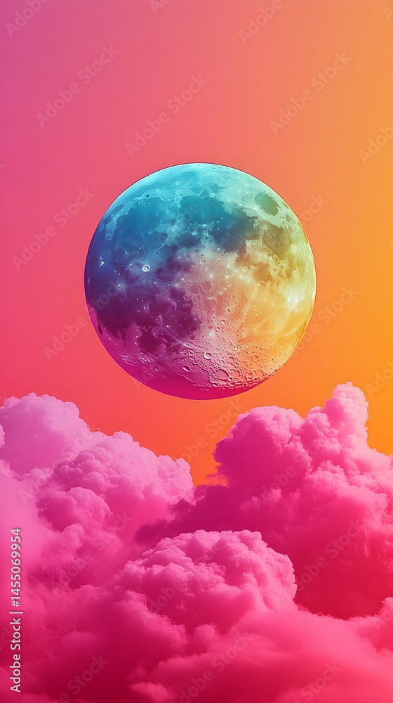 Obraz premium A vibrant, rainbow-hued celestial body floats above a sea of pink and orange clouds against a gradient sunset sky