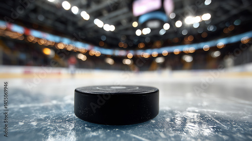 Black hockey puck on ice rink surface in a blurred arena  