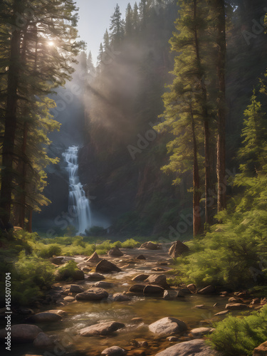 Serene Waterfall in Forest – Sunlight Through Trees Over Mountain Stream