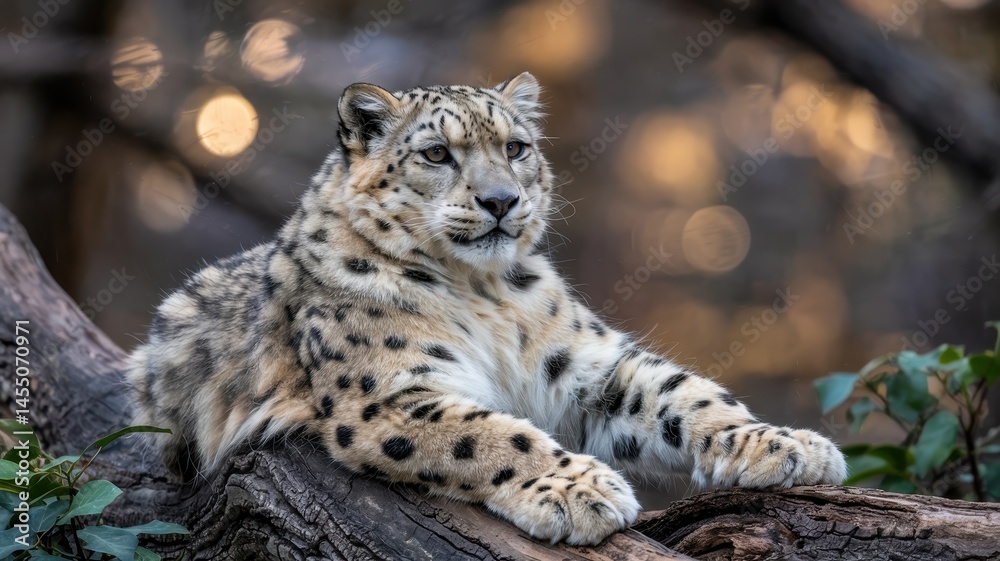 Naklejka premium Snow leopard resting on tree branch with golden forest bokeh background