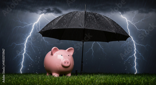 A pink piggy bank is shown standing on green grass, sheltered under a black umbrella, set against a dramatic dark sky with lightning illuminating the clouds.

