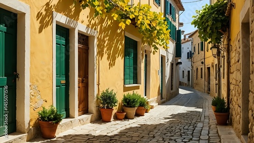 Picturesque Mediterranean Alley with Green Shutters and Potted Plants