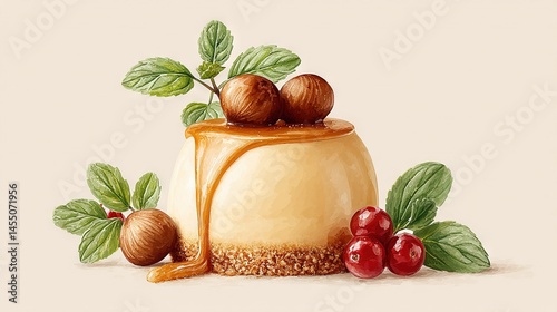   A painting of a dessert, adorned with nuts and a drizzle of caramel on top