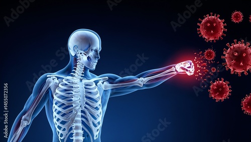 A human skeleton with a glowing arm is reaching out to red virus particles, representing the body's immune response to infection.
